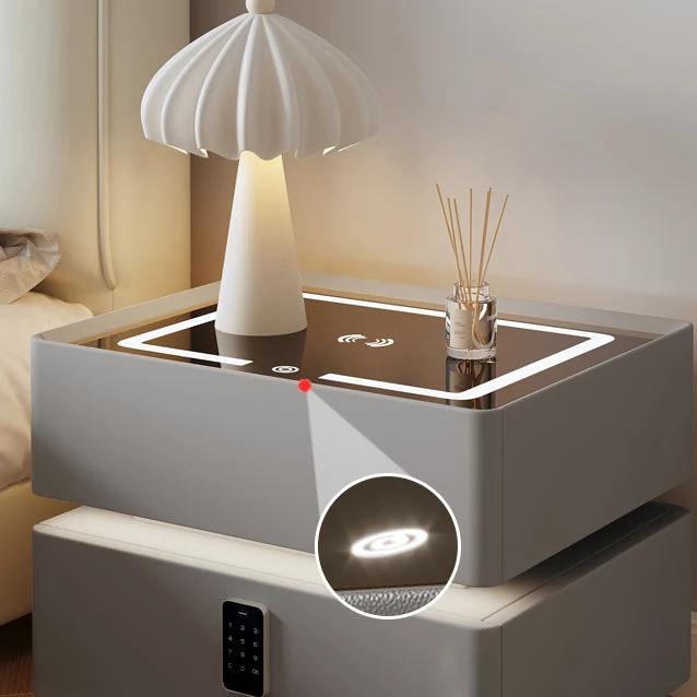 Contemporary Nordic Cube Square Glass Microfiber Leather Pine Medium Density Fiberboard Nightstand 2 - Drawer For Bedroom