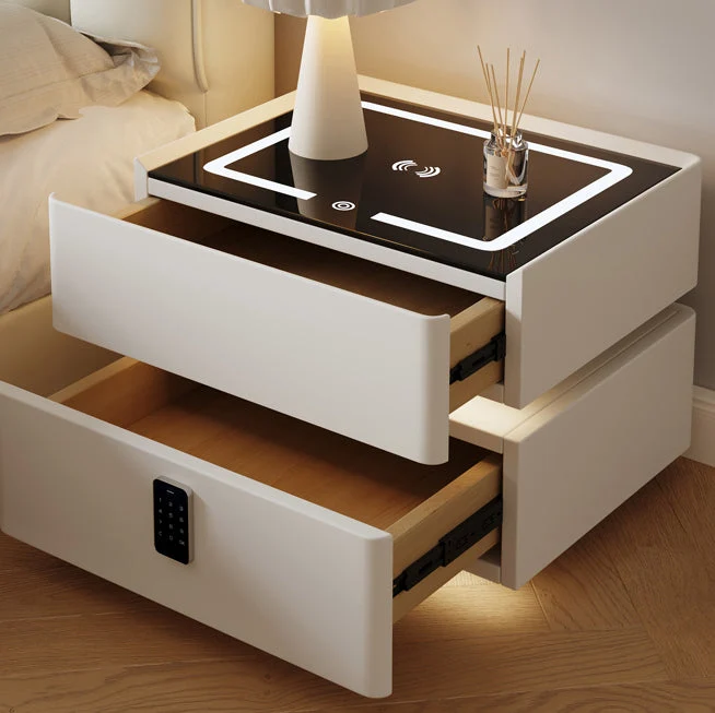 Contemporary Nordic Cube Square Glass Microfiber Leather Pine Medium Density Fiberboard Nightstand 2 - Drawer For Bedroom