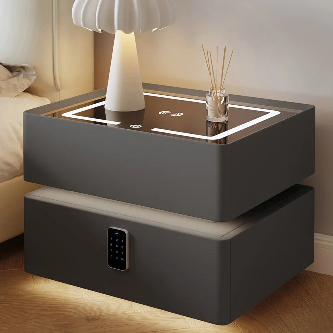 Contemporary Nordic Cube Square Glass Microfiber Leather Pine Medium Density Fiberboard Nightstand 2 - Drawer For Bedroom