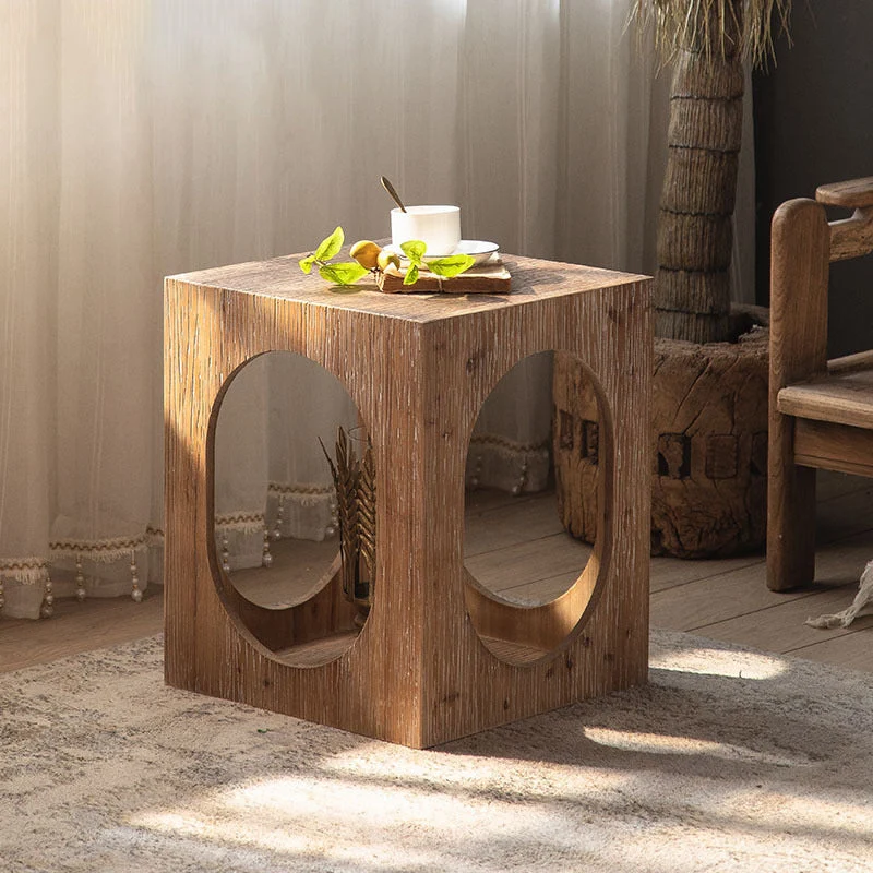 Traditional Rustic Cedar Wood Cube Square Side Table 1 - Cabinet For Living Room