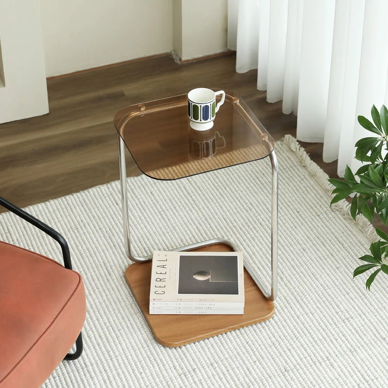 Modern Simplicity Square Glass Eco-Friendly Engineered Wood Stainless Steel Side Table 2 - Tier For Living Room
