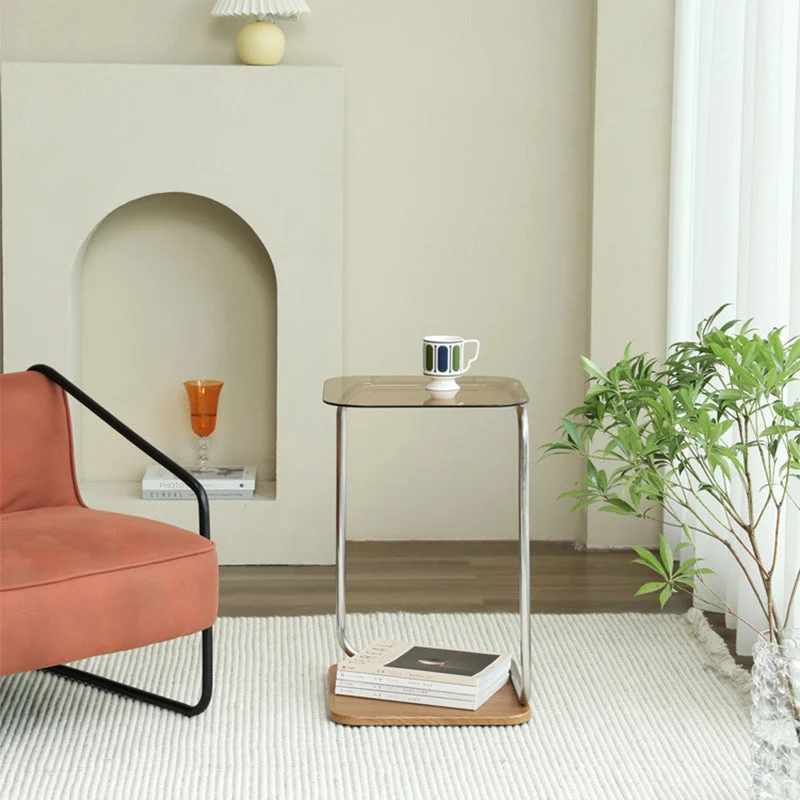 Modern Simplicity Square Glass Eco-Friendly Engineered Wood Stainless Steel Side Table 2 - Tier For Living Room