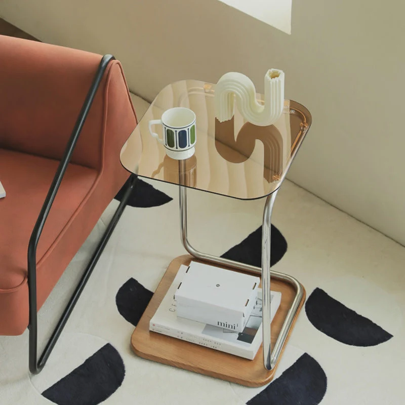 Modern Simplicity Square Glass Eco-Friendly Engineered Wood Stainless Steel Side Table 2 - Tier For Living Room