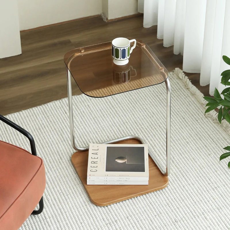 Modern Simplicity Square Glass Eco-Friendly Engineered Wood Stainless Steel Side Table 2 - Tier For Living Room