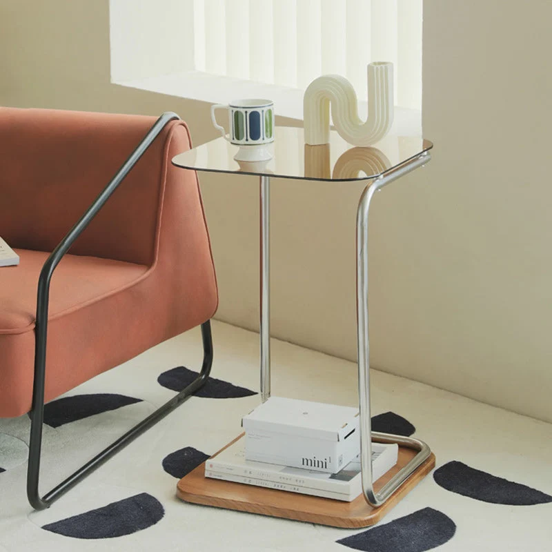 Modern Simplicity Square Glass Eco-Friendly Engineered Wood Stainless Steel Side Table 2 - Tier For Living Room