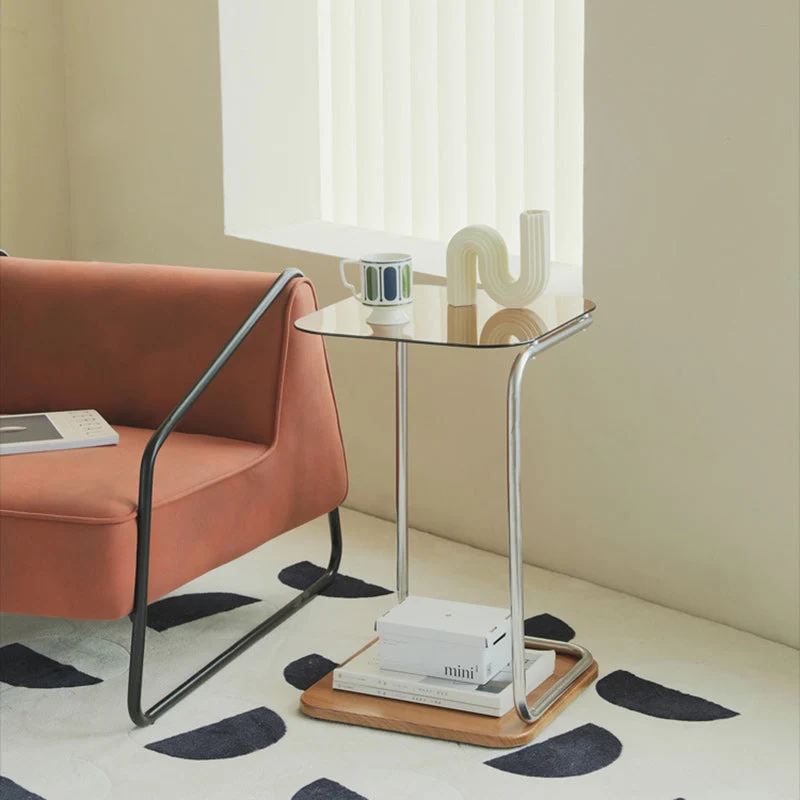 Modern Simplicity Square Glass Eco-Friendly Engineered Wood Stainless Steel Side Table 2 - Tier For Living Room