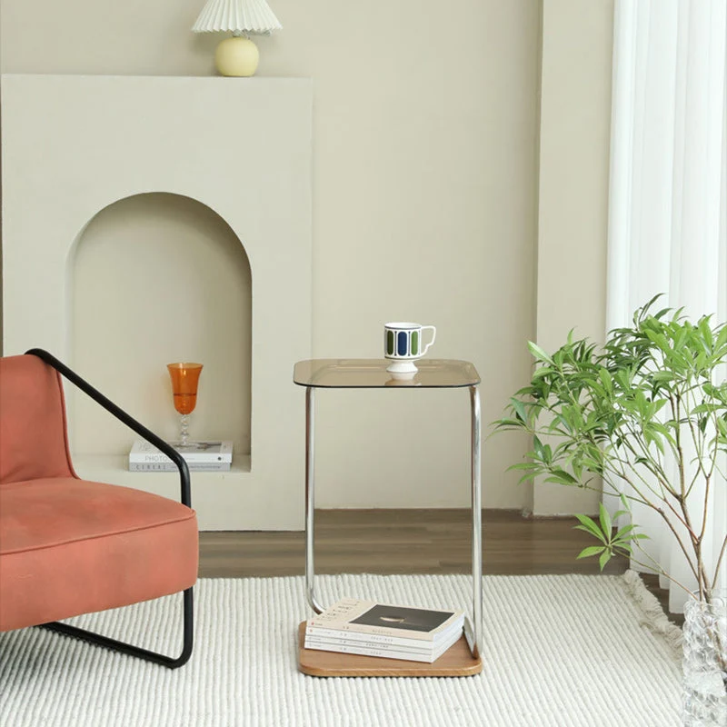 Modern Simplicity Square Glass Eco-Friendly Engineered Wood Stainless Steel Side Table 2 - Tier For Living Room