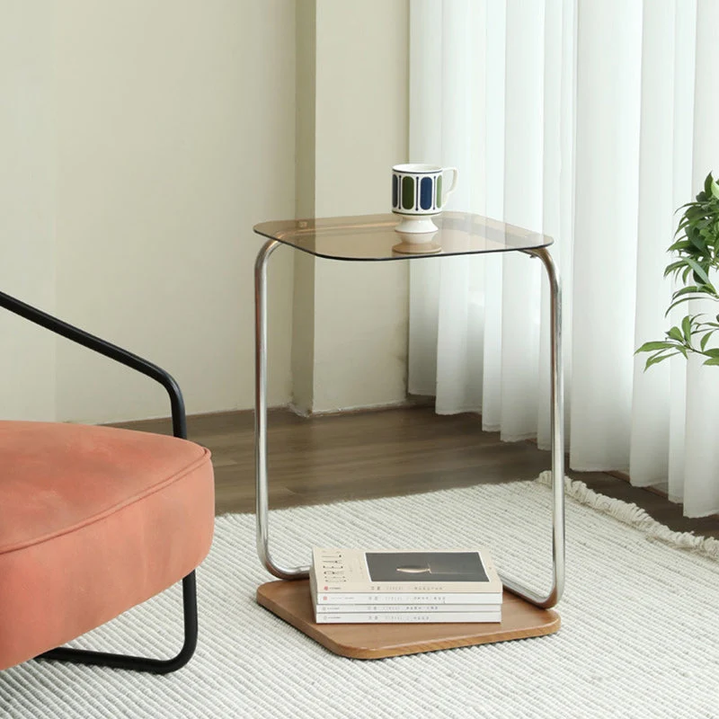 Modern Simplicity Square Glass Eco-Friendly Engineered Wood Stainless Steel Side Table 2 - Tier For Living Room