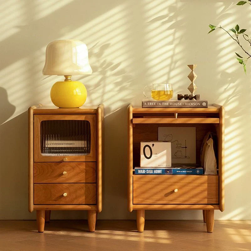 Traditional Japanese Cherry Wood Medium Density Fiberboard Copper Glass Nightstand 1 - Cabinet For Bedroom