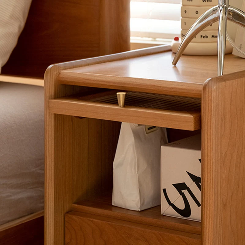 Traditional Japanese Cherry Wood Medium Density Fiberboard Copper Glass Nightstand 1 - Cabinet For Bedroom