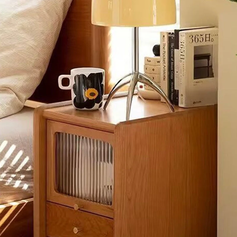 Traditional Japanese Cherry Wood Medium Density Fiberboard Copper Glass Nightstand 1 - Cabinet For Bedroom