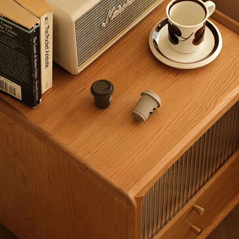Traditional Japanese Cherry Wood Medium Density Fiberboard Copper Glass Nightstand 1 - Cabinet For Bedroom