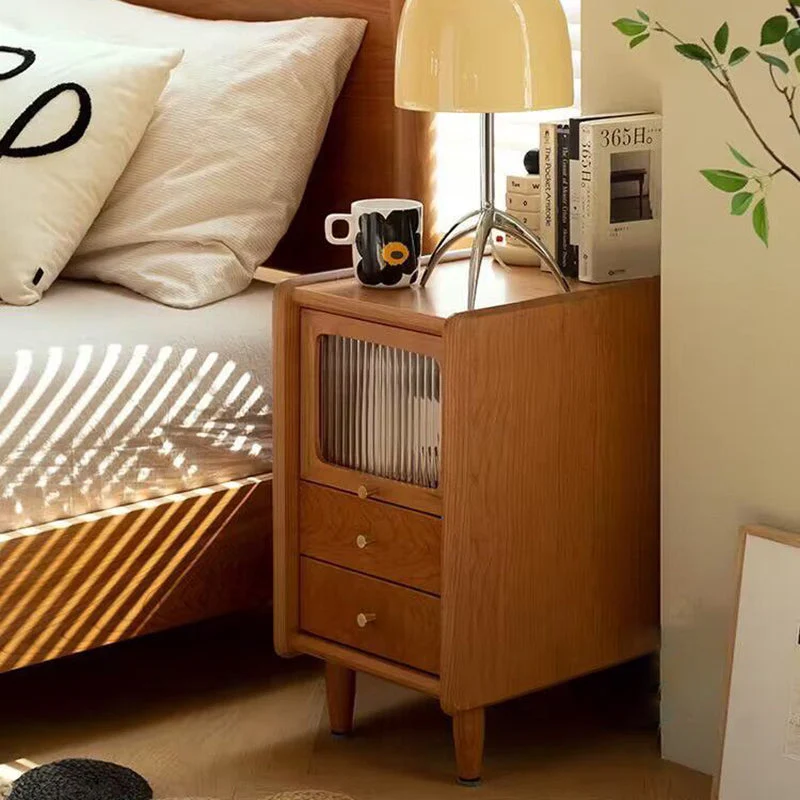 Traditional Japanese Cherry Wood Medium Density Fiberboard Copper Glass Nightstand 1 - Cabinet For Bedroom