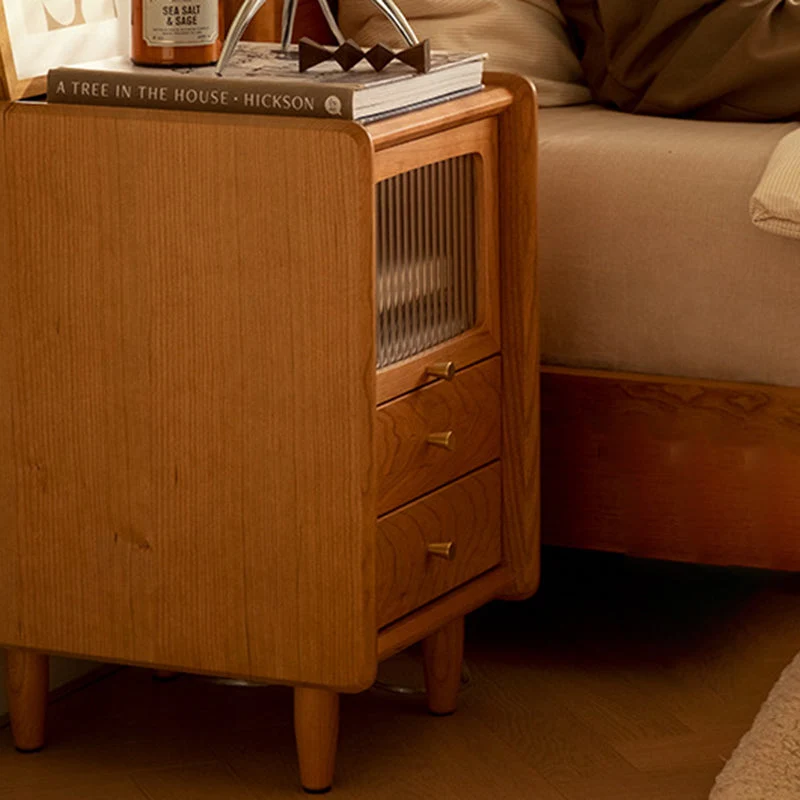 Traditional Japanese Cherry Wood Medium Density Fiberboard Copper Glass Nightstand 1 - Cabinet For Bedroom