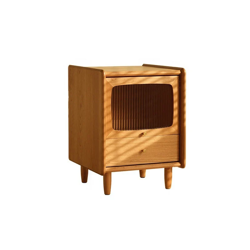 Traditional Japanese Cherry Wood Medium Density Fiberboard Copper Glass Nightstand 1 - Cabinet For Bedroom