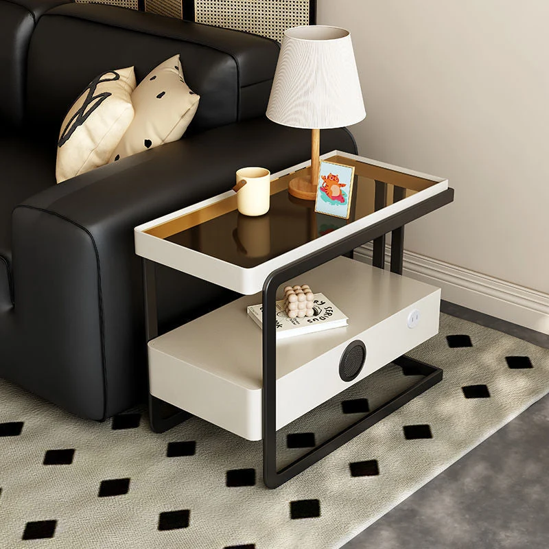 Contemporary Nordic Rectangle Pine Wood Carbon Steel Tempered Glass Scratch-Resistant Leather Side Table 1 - Drawer For Living Room
