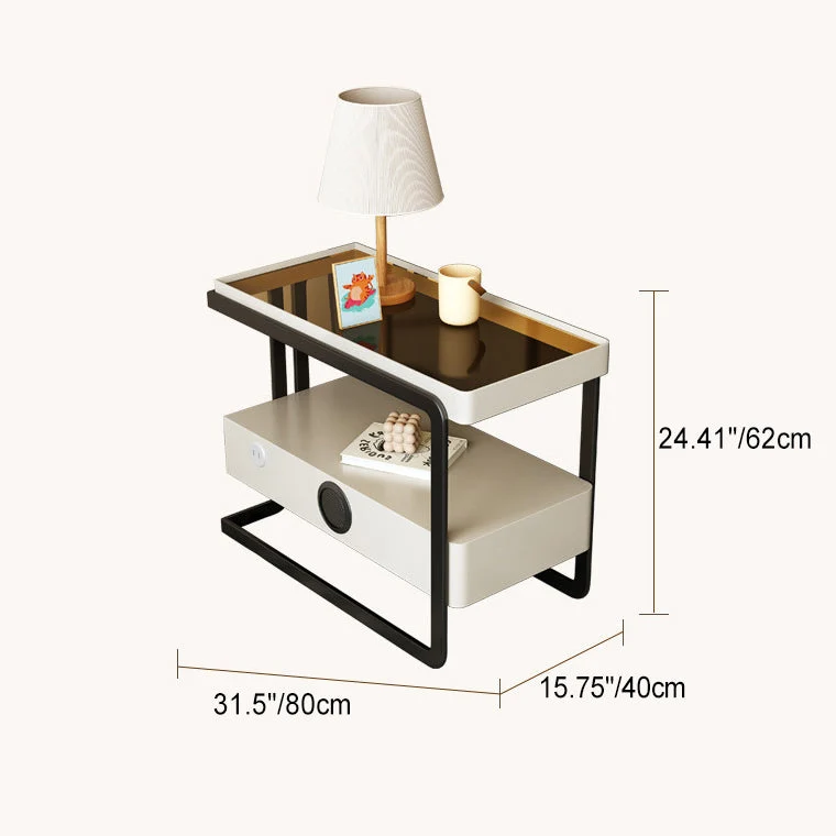 Contemporary Nordic Rectangle Pine Wood Carbon Steel Tempered Glass Scratch-Resistant Leather Side Table 1 - Drawer For Living Room