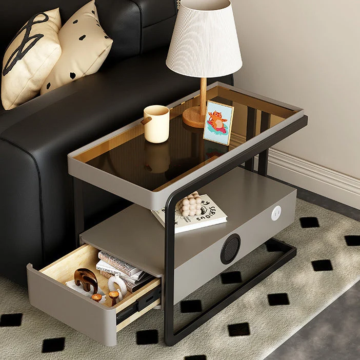 Contemporary Nordic Rectangle Pine Wood Carbon Steel Tempered Glass Scratch-Resistant Leather Side Table 1 - Drawer For Living Room