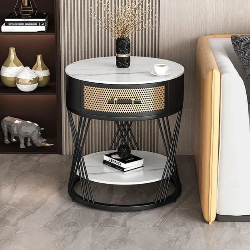 Contemporary Nordic Round Slab Stone Iron Eco-friendly Board Side Table 1 - Drawer For Living Room