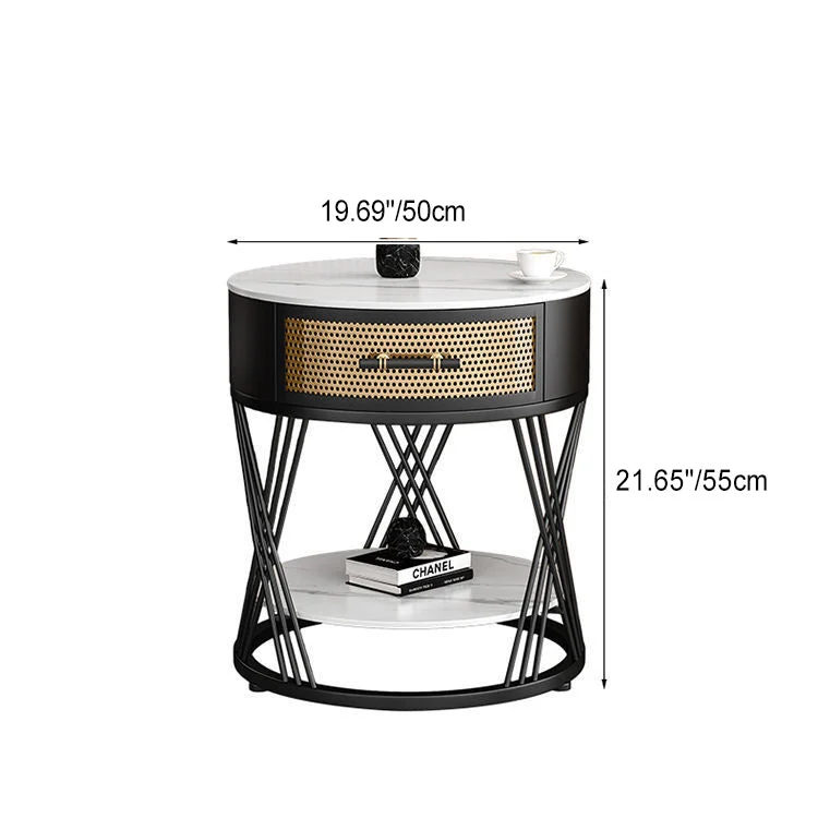 Contemporary Nordic Round Slab Stone Iron Eco-friendly Board Side Table 1 - Drawer For Living Room