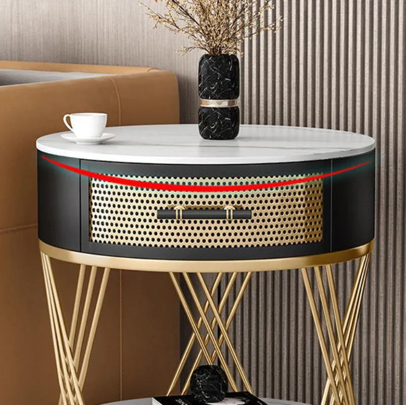 Contemporary Nordic Round Slab Stone Iron Eco-friendly Board Side Table 1 - Drawer For Living Room