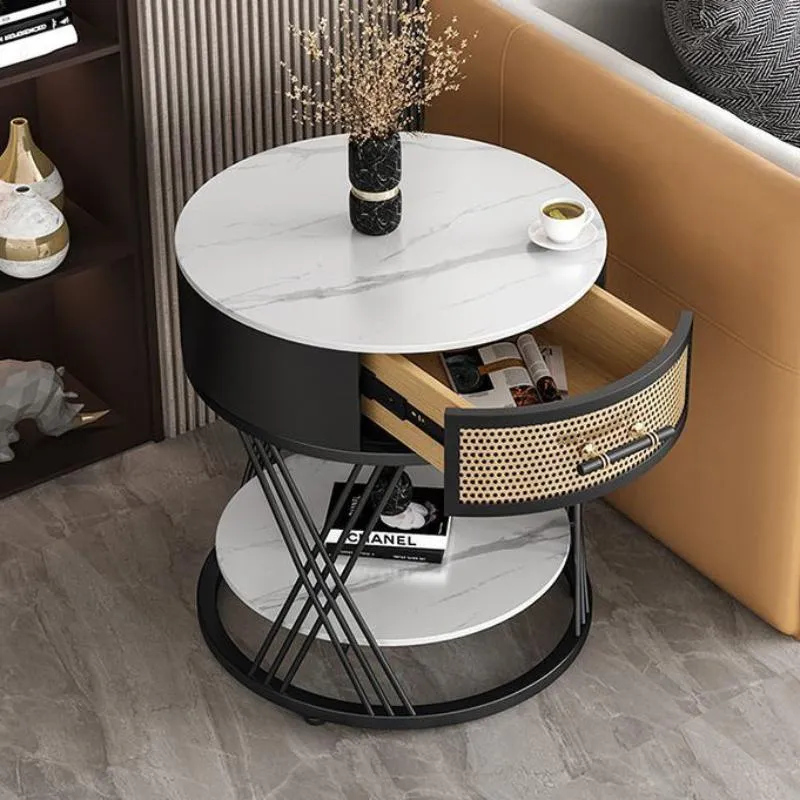 Contemporary Nordic Round Slab Stone Iron Eco-friendly Board Side Table 1 - Drawer For Living Room