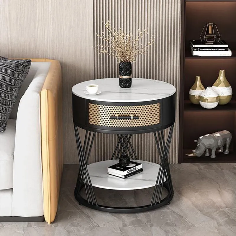 Contemporary Nordic Round Slab Stone Iron Eco-friendly Board Side Table 1 - Drawer For Living Room