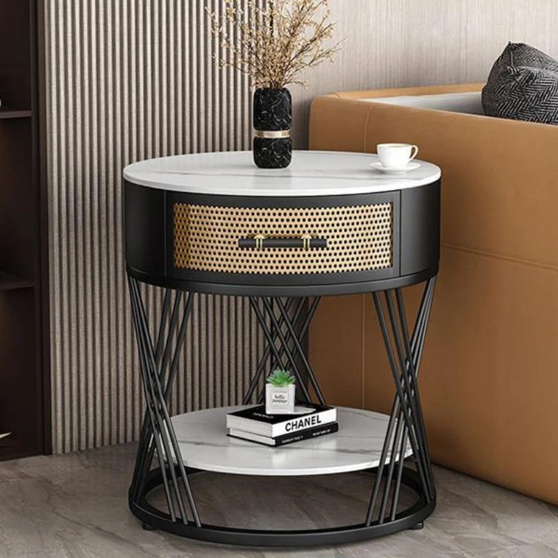 Contemporary Nordic Round Slab Stone Iron Eco-friendly Board Side Table 1 - Drawer For Living Room