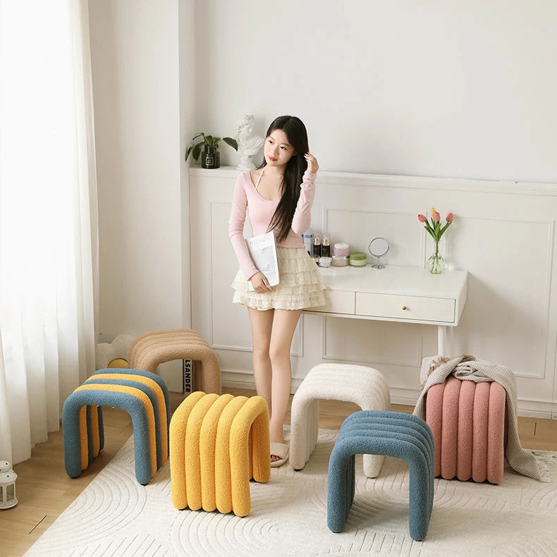 Contemporary Nordic Arch Carbon Steel Frame Sherpa Fabric Vanity Stool Backless For Bedroom