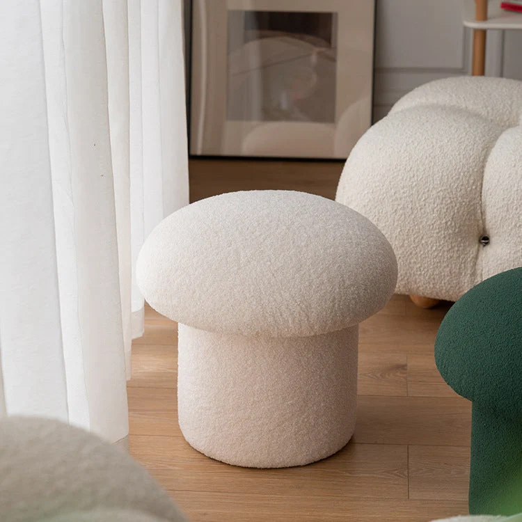 Modern Minimalist Mushroom Cylinder Sherpa Fleece Wood Vanity Stool For Bedroom