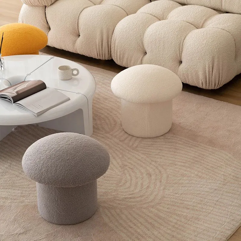 Modern Minimalist Mushroom Cylinder Sherpa Fleece Wood Vanity Stool For Bedroom