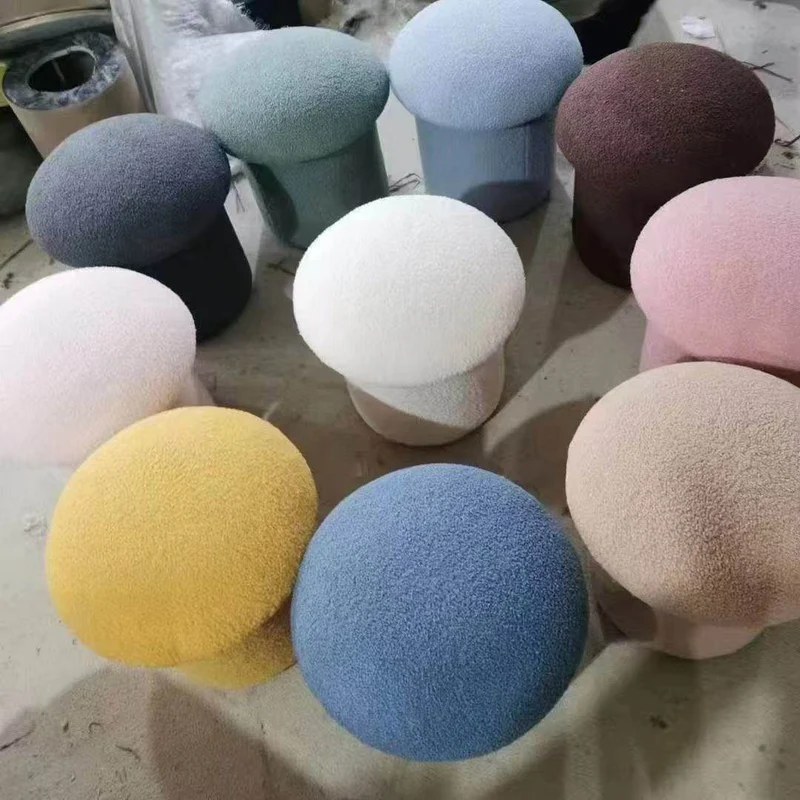 Modern Minimalist Mushroom Cylinder Sherpa Fleece Wood Vanity Stool For Bedroom