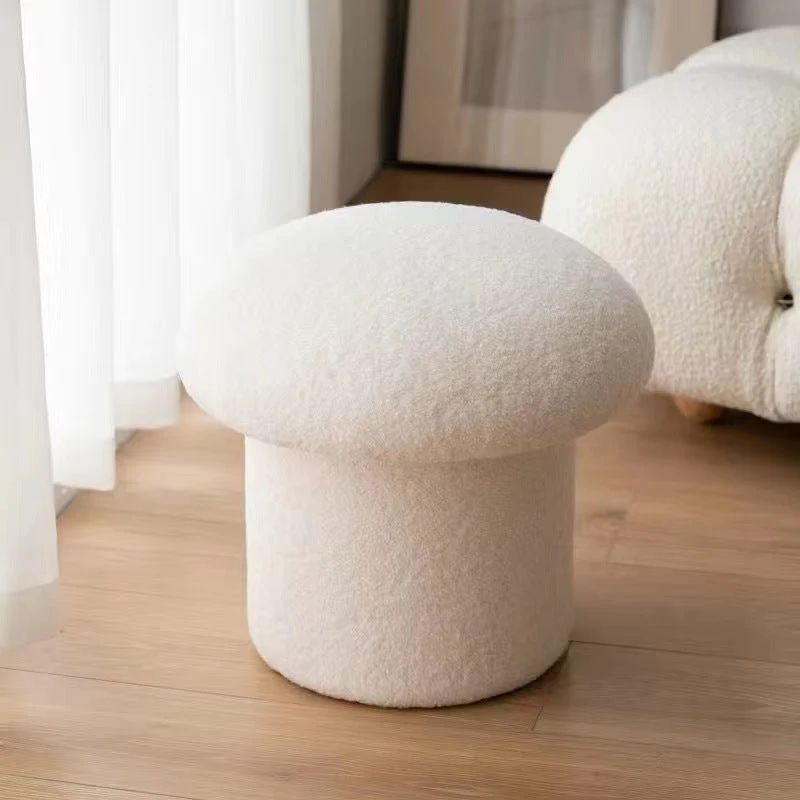Modern Minimalist Mushroom Cylinder Sherpa Fleece Wood Vanity Stool For Bedroom