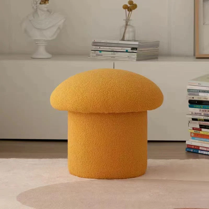 Modern Minimalist Mushroom Cylinder Sherpa Fleece Wood Vanity Stool For Bedroom