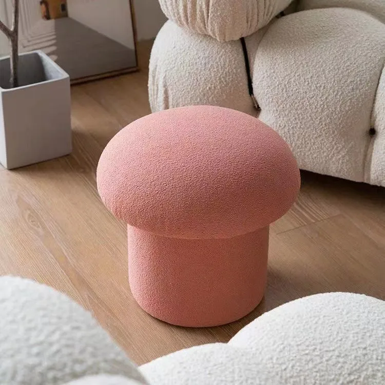 Modern Minimalist Mushroom Cylinder Sherpa Fleece Wood Vanity Stool For Bedroom