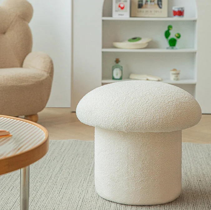 Modern Minimalist Mushroom Cylinder Sherpa Fleece Wood Vanity Stool For Bedroom