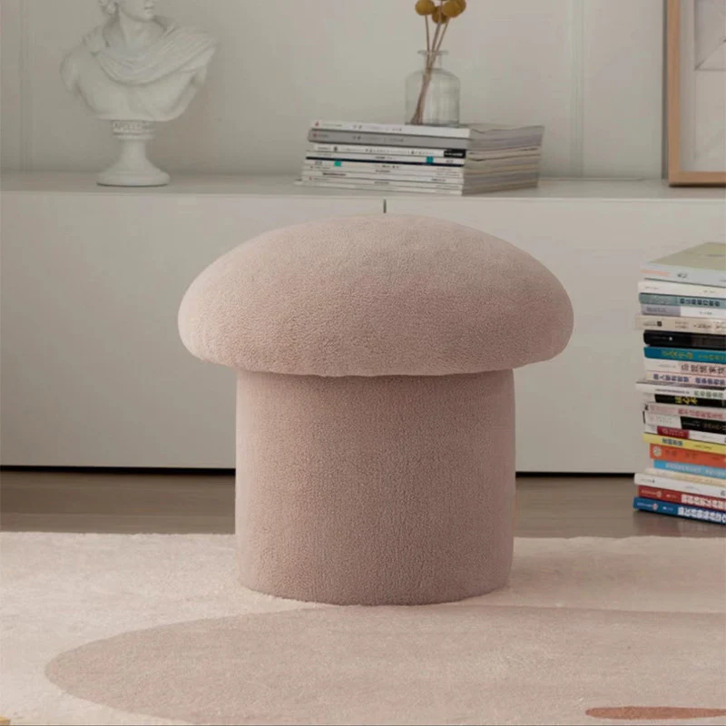 Modern Minimalist Mushroom Cylinder Sherpa Fleece Wood Vanity Stool For Bedroom