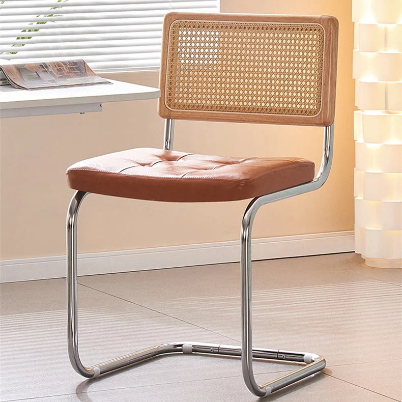 Contemporary Vintage Square Rattan Leather Iron Chair Backrest For Living Room