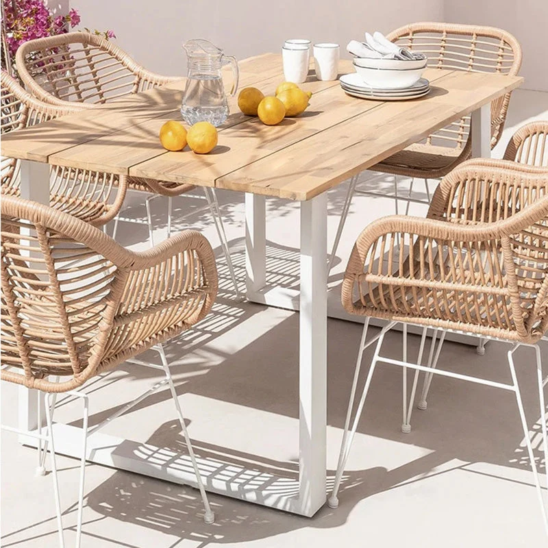 Traditional Farmhouse Rattan Weaving Iron Base Chair Armrest Backrest For Outdoor Patio