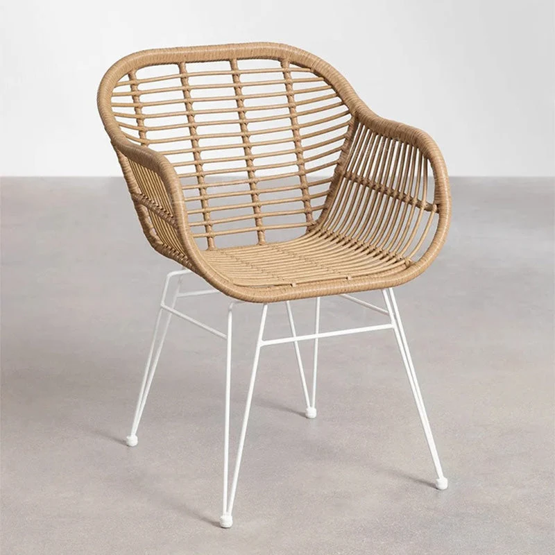 Traditional Farmhouse Rattan Weaving Iron Base Chair Armrest Backrest For Outdoor Patio