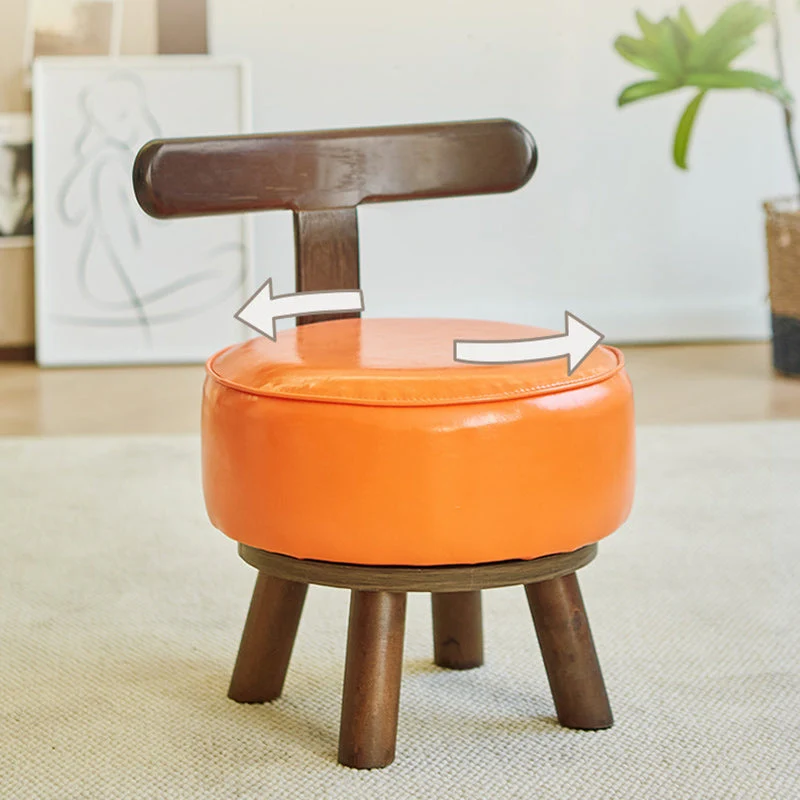 Contemporary Creative Round Faux Oil-Wax Leather Rubberwood Pine Footstool Backrest Armless For Living Room
