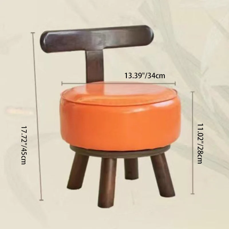 Contemporary Creative Round Faux Oil-Wax Leather Rubberwood Pine Footstool Backrest Armless For Living Room