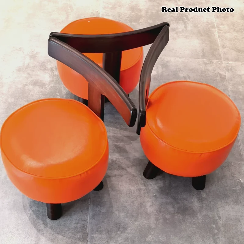 Contemporary Creative Round Faux Oil-Wax Leather Rubberwood Pine Footstool Backrest Armless For Living Room