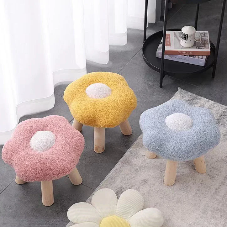 Contemporary Creative Wood Sherpa Fabric Cotton Flower Footstool Backless For Entryway