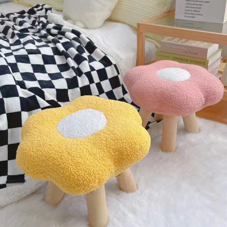 Contemporary Creative Wood Sherpa Fabric Cotton Flower Footstool Backless For Entryway