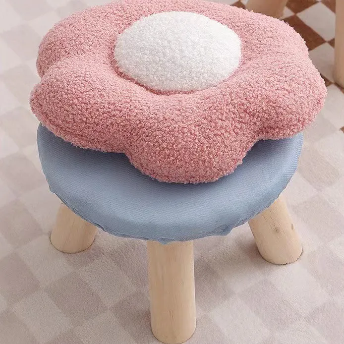 Contemporary Creative Wood Sherpa Fabric Cotton Flower Footstool Backless For Entryway