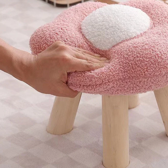 Contemporary Creative Wood Sherpa Fabric Cotton Flower Footstool Backless For Entryway