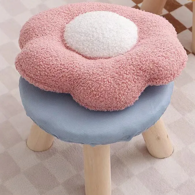 Contemporary Creative Wood Sherpa Fabric Cotton Flower Footstool Backless For Entryway