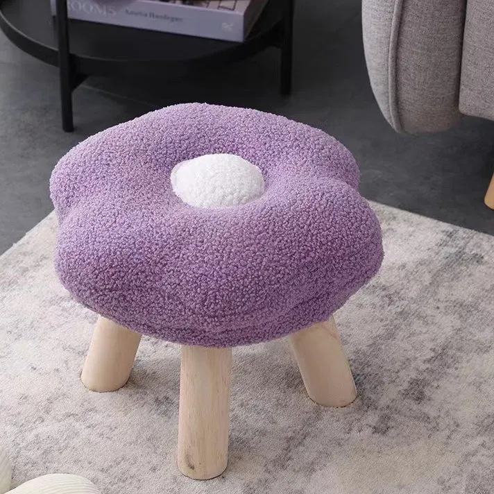 Contemporary Creative Wood Sherpa Fabric Cotton Flower Footstool Backless For Entryway