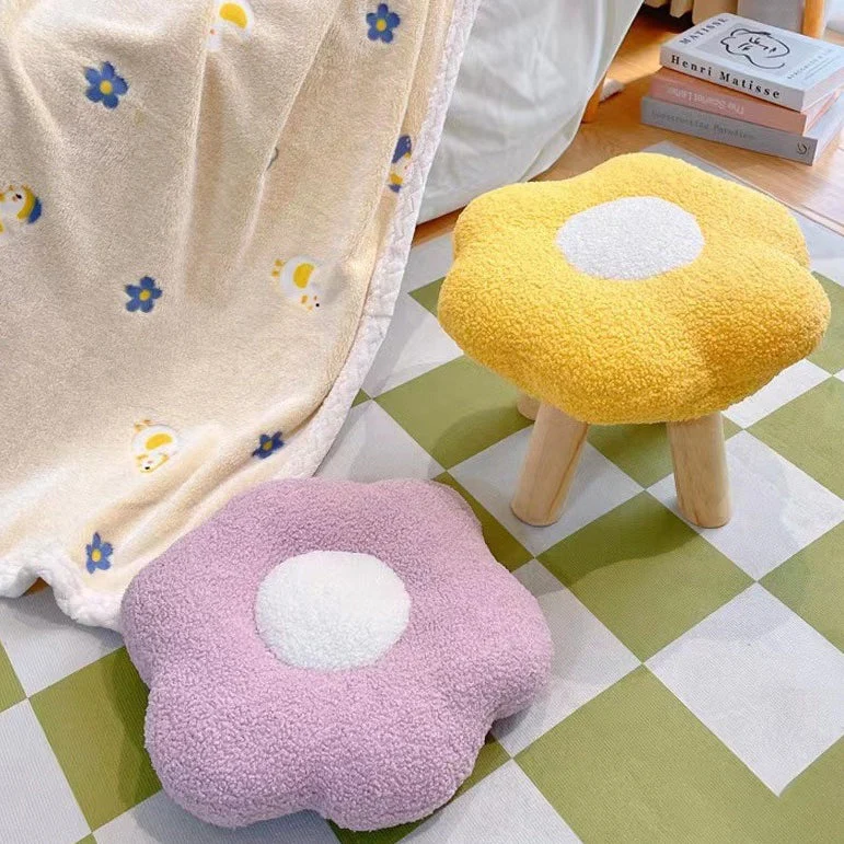 Contemporary Creative Wood Sherpa Fabric Cotton Flower Footstool Backless For Entryway